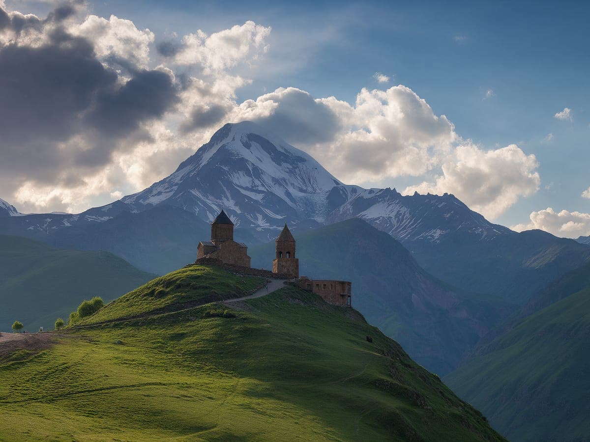 Gergeti Trinity Church with Mount Kazbek behind it
